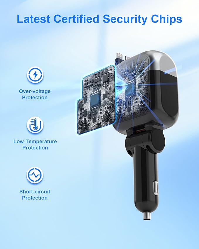 87W Retractable Car Charger, 4-in-1 Fast USB C Charging Car Adapter with 45W Type C Cable for iPhone 17/16 Pro Max & Samsung, 12W Lightning Cable for iPhone 14, Travel Essentials Car Accessories