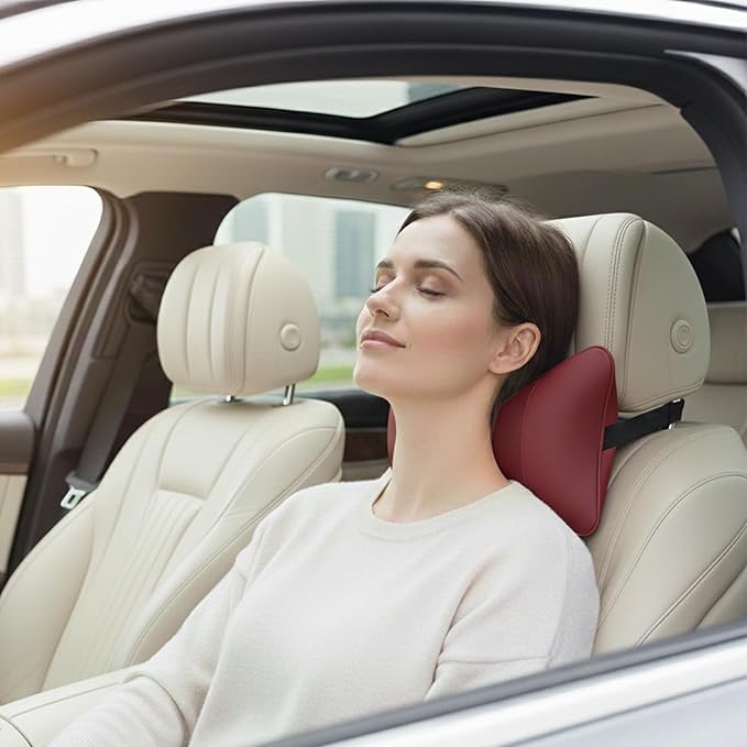 Car Pillow for Car Neck Pillow for Driving Seat Leather Neck Support Soft Cushion Support Head-Rests for Vehicle Sleeping with Elastic Adjustment Strap 2PCS (Neck, Red)