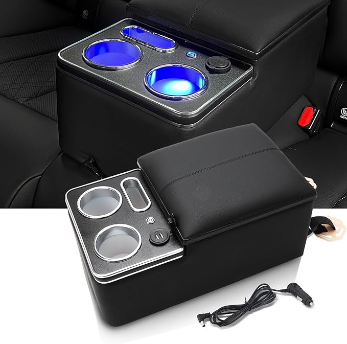 Upgrade Center Console Organizer with Cup Holder& Phone Holder for Car & Van & Truck Floor Cab Back Bench Seat Armrest Middle Storage Box - Black