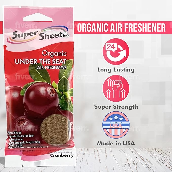 Super Sheet, Organic Under the Seat Car Air Freshener, Long Lasting Fragrance, Cranberry Scent, 6 Pack