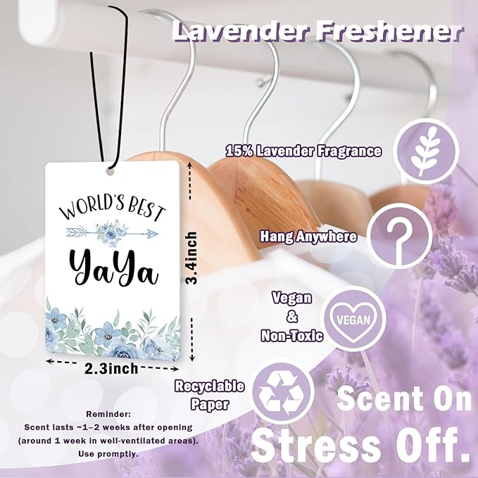 Yaya Grandma Gifts Car Air Freshener Accessories 3pcs, World's Best Gifts for Granmda Christmas, Blue Flower Rustic Hanging Scent Lavender Fragrance Card for Women Closet Bathroom Home Decor