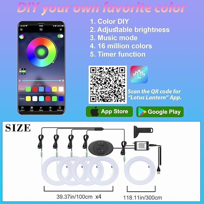 5 in 1 Car Led Strip Lights with App Control, RGB Colors Interior Car Lights, Ambient Led Lighting Kit, 4 Light Flashing Modes, USB Neon Accessories for Doors, Center Console