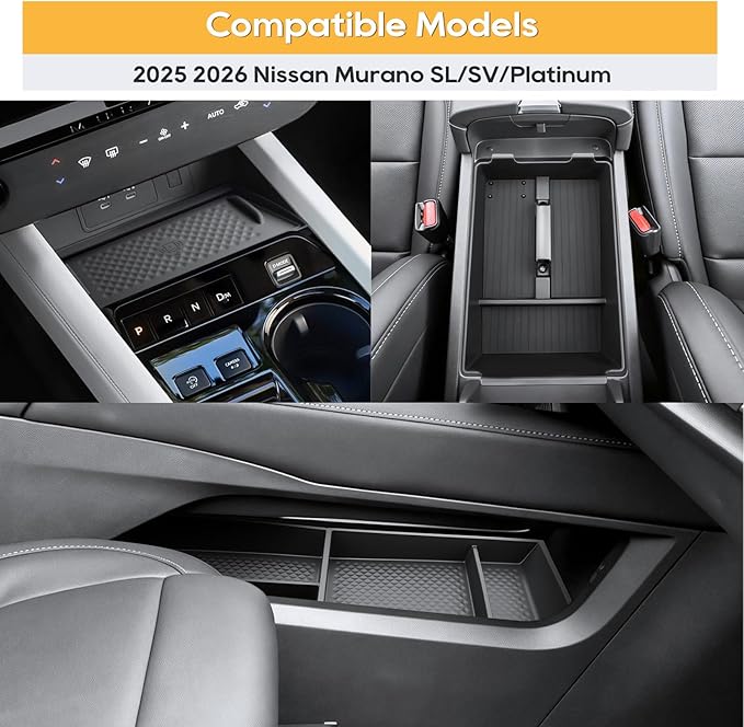 Murano Center Console Organizer for 2025 2026 Murano SL/SV/Platinum Accessories Armrest Storage Box, Lower Console Organizers, Wireless Charging Protective Mat 2025 2026 Murano Accessories 4PCS