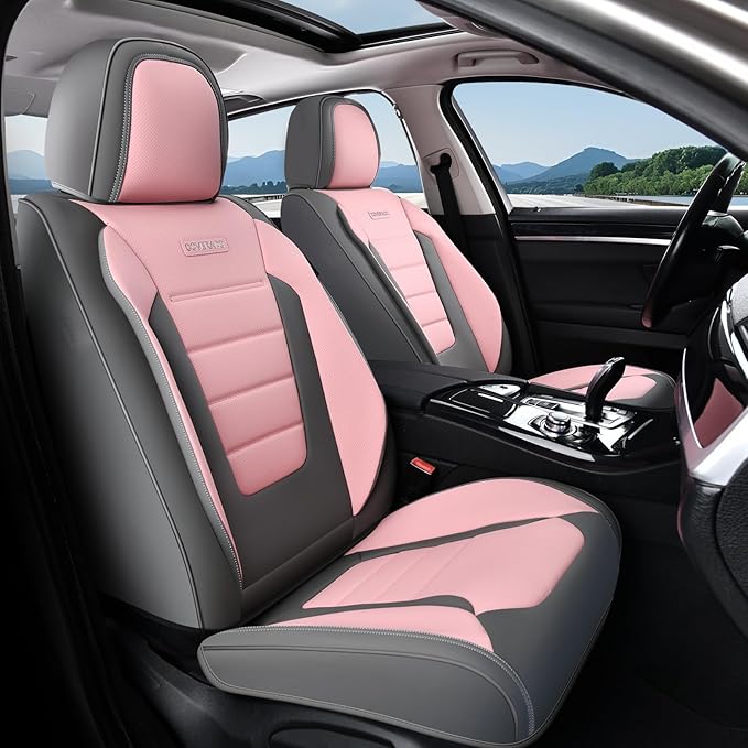 Coverado Car Seat Covers Full Set, Nappa Leather Seat Covers for Cars, Car Seat Protector Car Seat Cushion, Front and Back Seat Protectors Cushions Universal Fit for Most Cars Vehicles(Gray&Pink)