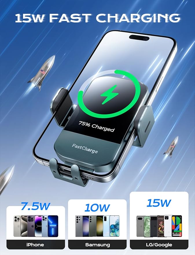 CHGeek Wireless Car Charger, 15W Fast Charging Auto Clamping Car Charger Phone Mount Phone Holder fit for iPhone 15 14 13 12 11 Pro Max Xs, Samsung Galaxy S24 Ultra S23 S22 S21, S20, S10+, Green