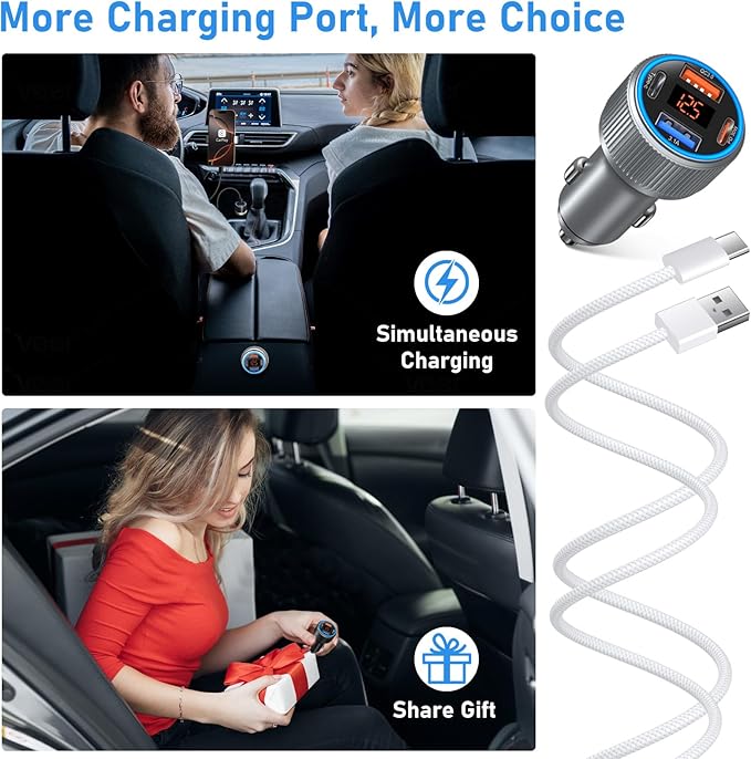 65W Dual USB C & USB A Car Charger Multi Port Cigarette Lighter Adapter with Voltmeter QC+PD 3.0 Fast Charging with 2 Pack Type C Cords