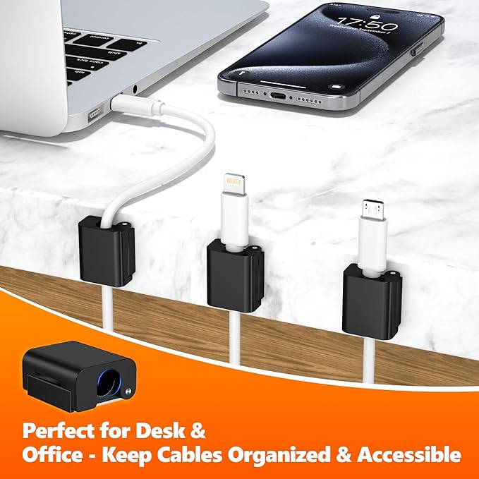 AGVEE 8 Pack Magnetic Cord Organizer Clips, 10mm Ultra-Thin Aluminum Cable Management Holder, 2 Pairs of Strong Magnets Keeper for Home Desk Office Gadgets Accessories, Residue-Free Tape, Black
