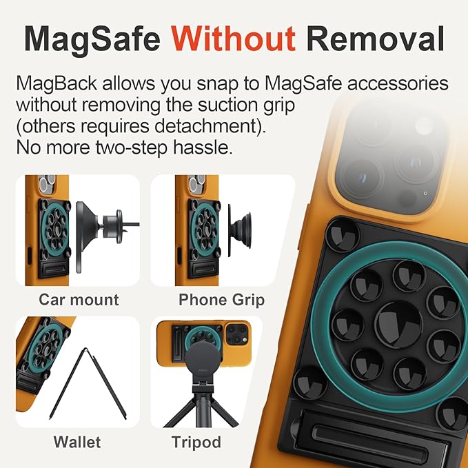 SEMBO Silicone Suction Phone Case Adhesive Sticky Grip Stand with Mag-Back for MagSafe Car/Wall Mounts, Strong Magnetic Holder for Fridge, Gym Equipment, Shower, Hands-Free Selfie (Black, Adhesive)