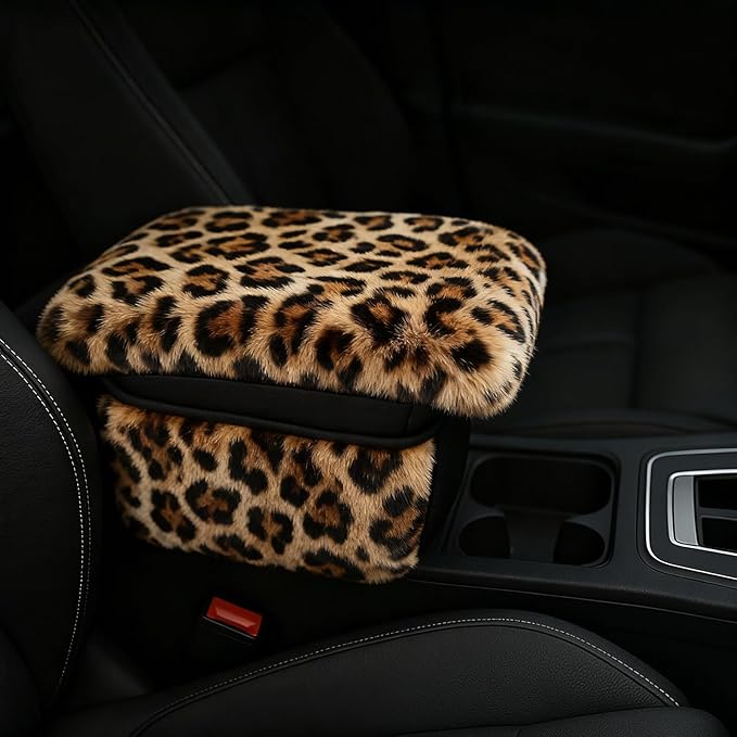 Fluffy Car Armrest Cover with Side Pockets – Plush Fuzzy Fur Center Console Armrest Cushion Pad, Universal Winter Car Interior Protector, Soft Arm Rest Cover with Storage for Women & Men (Leopard)