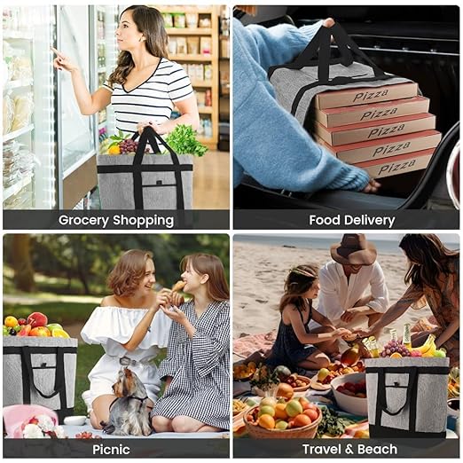CIVJET Insulated Reusable Tote Bag for Grocery Shopping for Women/Men, Waterproof Cooler Bags for Travel/Beach/Picnic, Pizza/Food Delivery Bag to Keep Food Cold/Hot (Cationic Cloth, Grey，2-Pack)