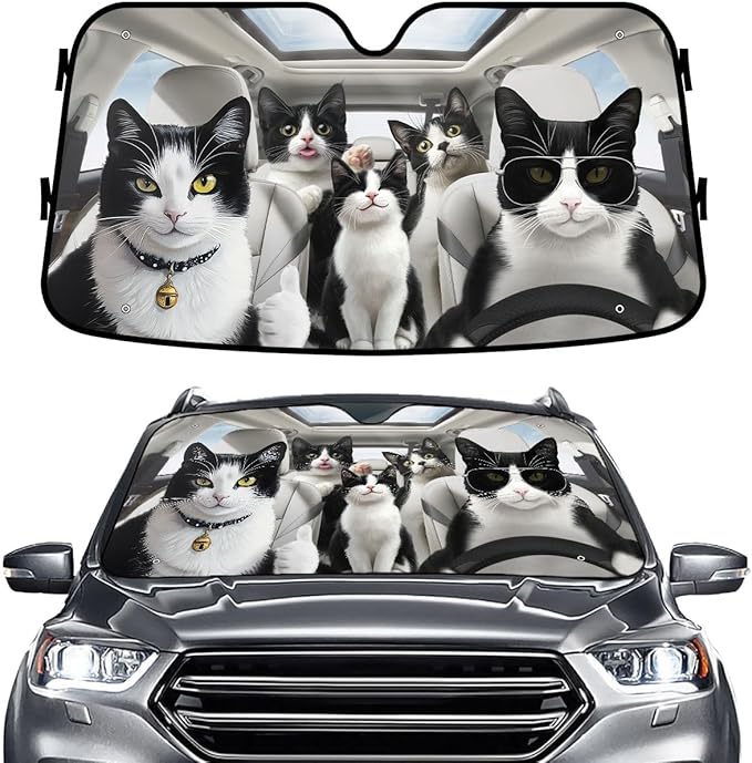 GENANY Tuxedo Cat Family Windshield Sun Shade for Car SUV Truck (55x30 inches), Sun Shade Windshield, Shades for Windows, Protector Blocks UV, Spring Car Decor