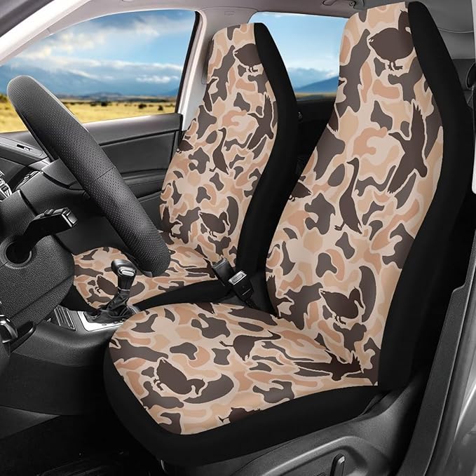 ELEQIN Car Front Seat Covers, Duck Camo Hunting 2 Pack Polyester Automotive Seat ProtectorsSoft & Breathable, Vehicle Interior Accessories for Most Cars
