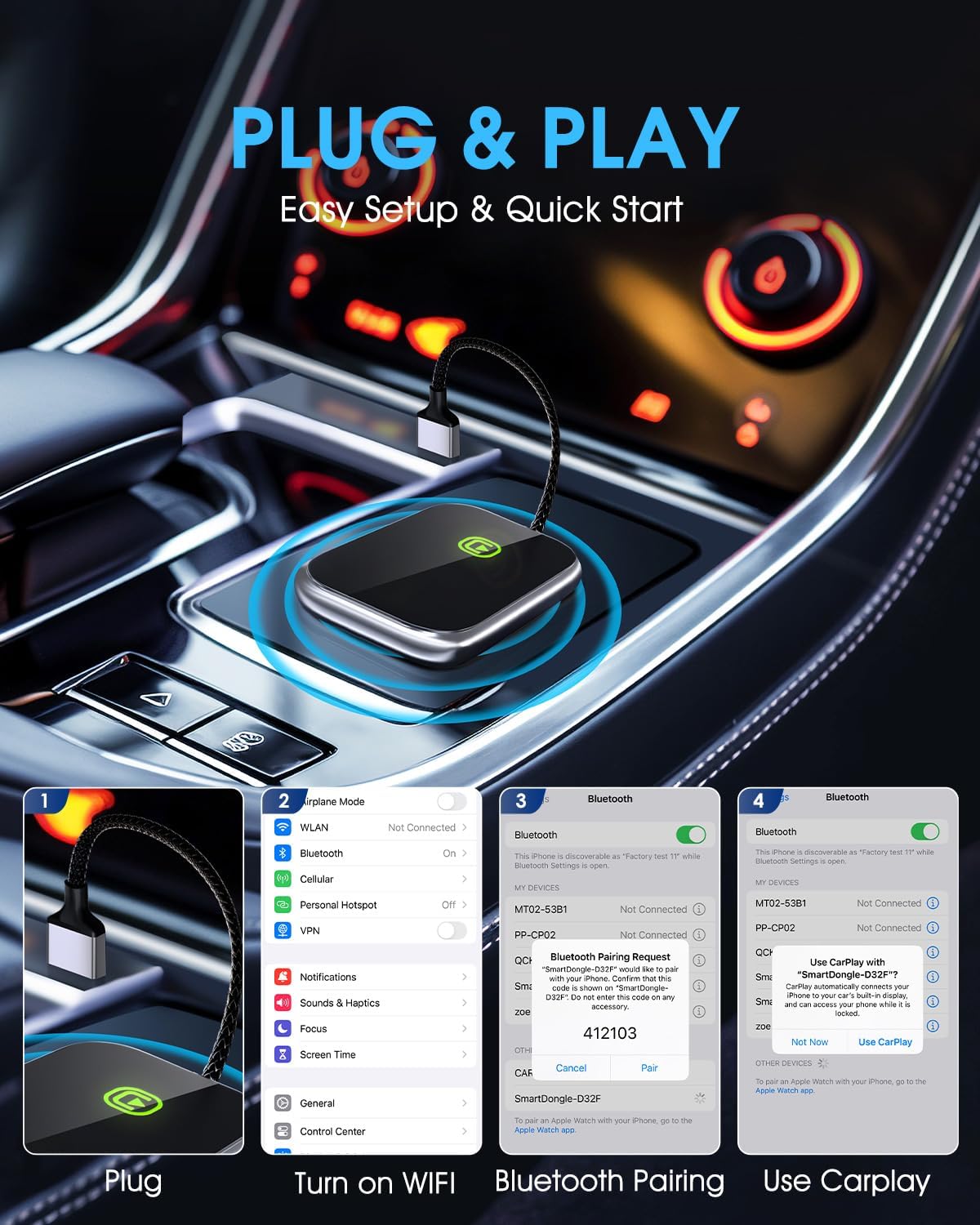 Wireless CarPlay Adapter - Fast & Stable Connection for Carplay Wireless Adapter Convert Factory Wired to Wireless CarPlay Dongle Plug & Play Car Play Fit for iPhone iOS 10+ (Grey)