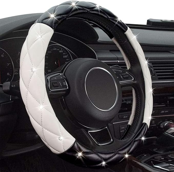 Xizopucy Black White Steering Wheel Cover, Anti-Slip Steering Wheel Protector with Crystal Rhinestones, Car Steering Wheel Cover for Women and Girl Fit 14.5-15 inch