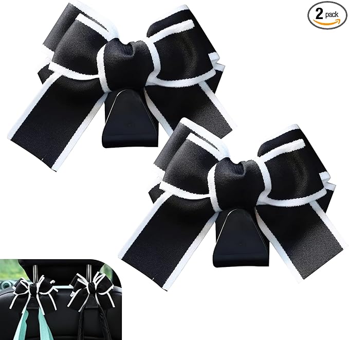2 Pack Car Seat Headrest Hooks, Cute Bow Design Backseat Hook Storage Organizer for Purses, Handbags, Coats, Umbrellas, Cute Car Accessories for Women and Girls (Black & White)