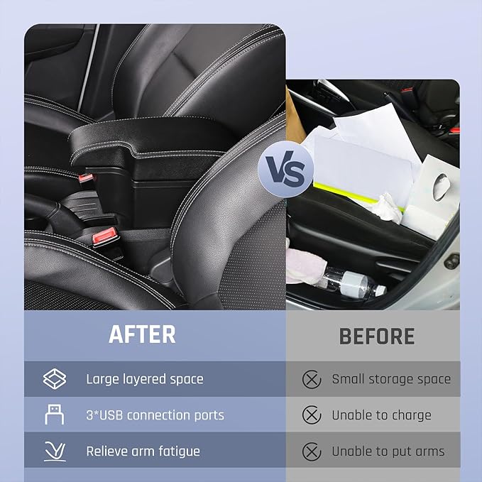 YJYWZH Car Armrest Storage Box for Toyota Hilux Center Storage Box Organizer Interior Hand Centre Consoles with 3 USB Port Arm Rest Double-Layer Accessories