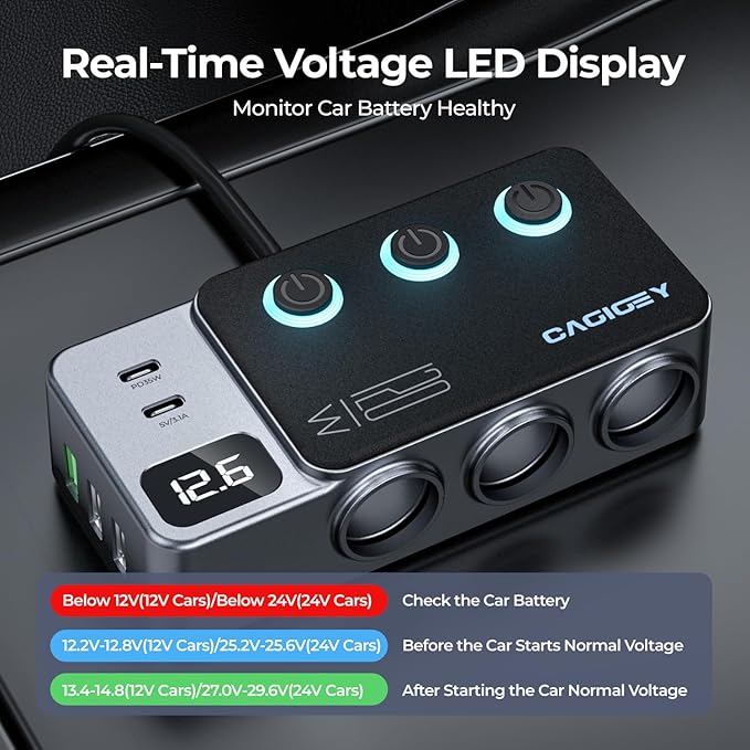120W 8 in 1 Cigarette Lighter Splitter,Cagigey Car Super Fast Charger Adapter with Type-C QC3.0 PD35W Charging,Multi Port Plug Outlet,Independent Switches, LED Display,3.3FT Cable