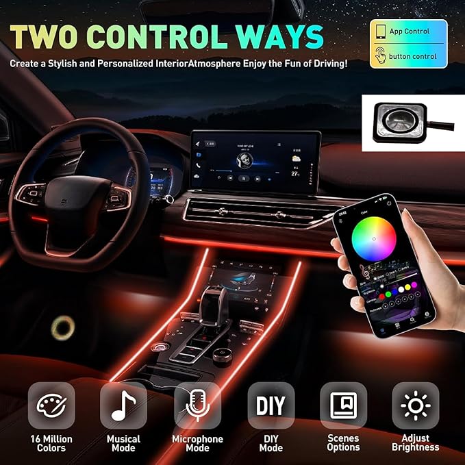 Car Interior LED Light Kit with App Control, RGB Multicolor Ambient Lighting Strip, Smart Music Sync Neon Accent Lights for Vehicle Interior