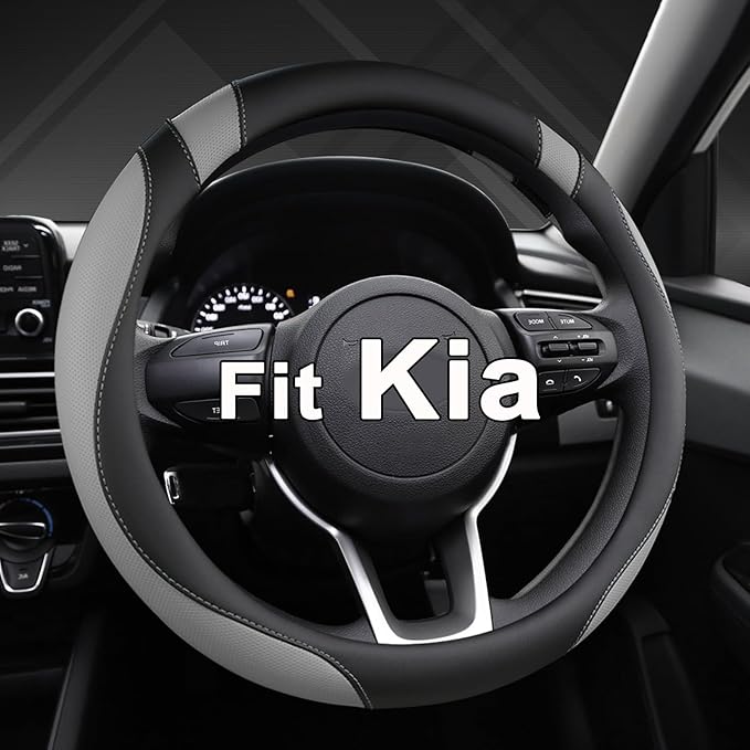 West Llama Customized Auto Car Steering Wheel Cover for Kia Sportage Sorento Spectra Forte 14.5-15 inch (Gray+Black-Standard Size)