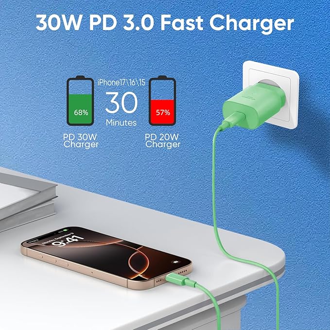 iPhone 16 15 Charger Fast Charging, 30W USB C Charger Block 10FT Cable for iPhone 15 16 Plus Pro Max/iPad Pro/AirPods, PD USBC Power Adapter Wall Plug with Extra Long Type C to C Cord (Green, 10FT)
