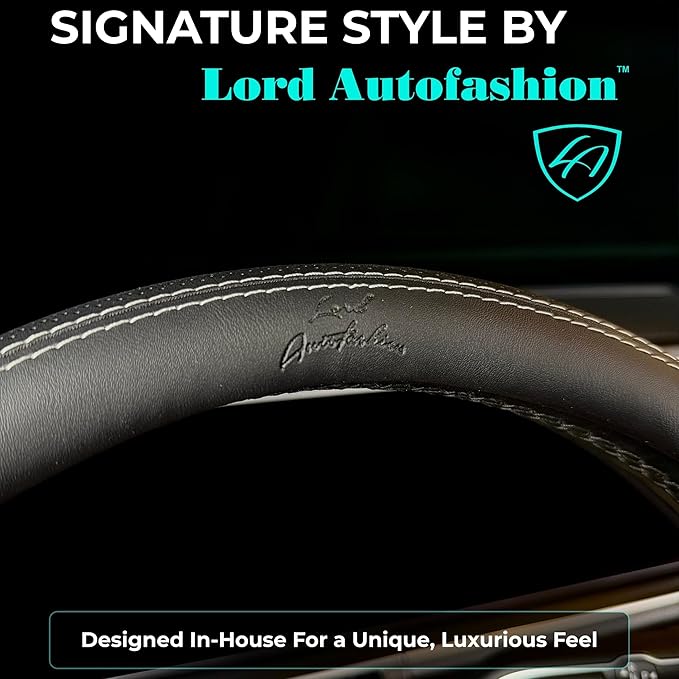 Lord Autofashion Steering Wheel Cover – PU Leather, Non-Slip Rubber Inner, All-Season Comfort – 14.5–15 Inch (Black/White 9366)