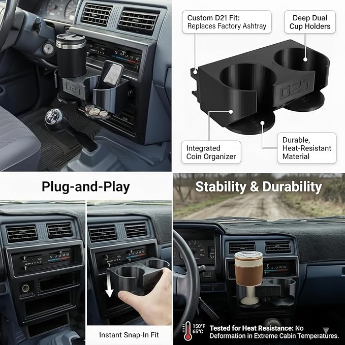 Center Console Cup Holder & Coin Tray Insert Compatible with Nissan D21, Interior Dashboard Ashtray Replacement Upgrade for Hardbody Pickup Truck, Secure Fit Drink Organizer