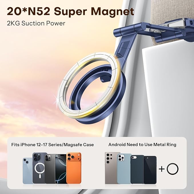 OMOTON TP02 360°Rotating for MagSafe Tripod Mount, Adjustable Aluminum Magnetic Phone Tripod for iPhone 17/16/15/14 Pro Max Air, Foldable Cell Phone Stand Fits Vlog, Gym, Travel Essentials, Navy Blue