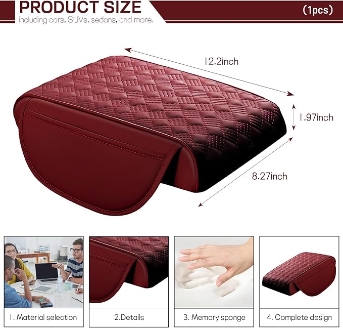 Car Armrest Cushion, 12.2"×8.3" Leather Auto Memory Foam Center Console Pad with Storage Pocket, Waterproof & Anti-Scratch Elbow Pillow Armrest Seat Box Protector, Universal Fit (Red)