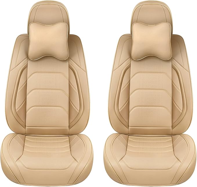 Beige Car Seat Covers Front Pair, Breathable Leather Automotive Front Seat Covers & Headrest for Comfortable Driving, Compatible with Most Cars Sedans SUV Pickup Trucks