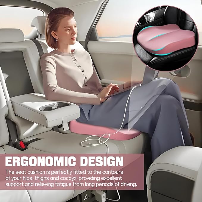 Hovom Car Seat Cushion, Wedge Memory Foam Car Cushion for Driving Seats, Non-Slip Adult Booster Seat Cushions Pad for Driver, Raise Height to Improve Driving Vision & Tailbone Pain Relief (Pink)