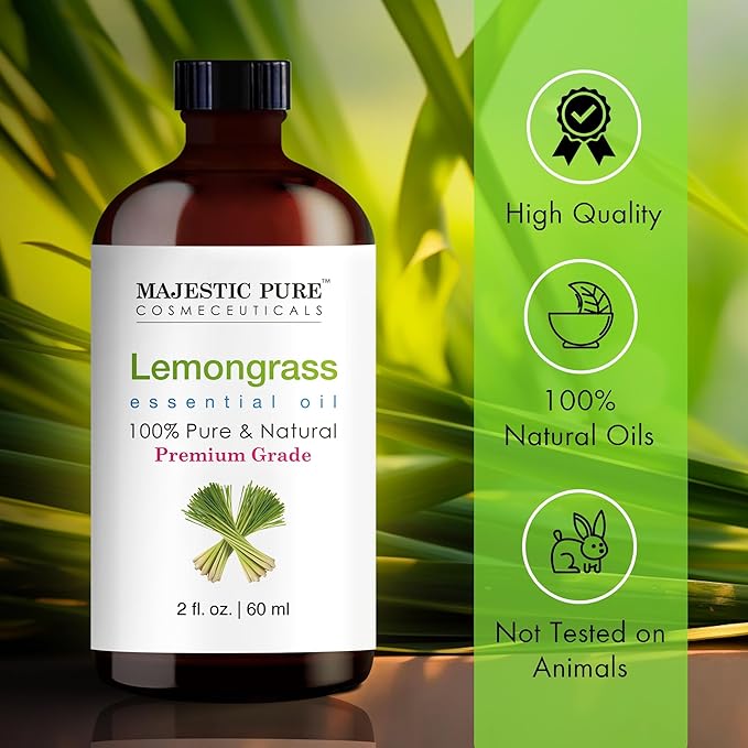 Majestic Pure Essential Oil with Glass Dropper - 100% Pure and Natural - Essential Oils for Diffuser, Aromatherapy, Soap and Candle Making, Lemongrass Essential Oil, Lemongrass Oil, 2 Fl Oz