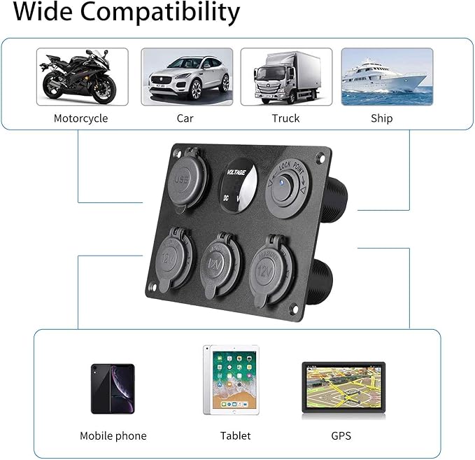 Linkstyle 6 in 1 Charger Socket Panel, 3 Cigarette Lighter Splitter with Dual USB Charger Ports & LED Voltmeter & Rocker Switch for 12V/24V Car RV Boat