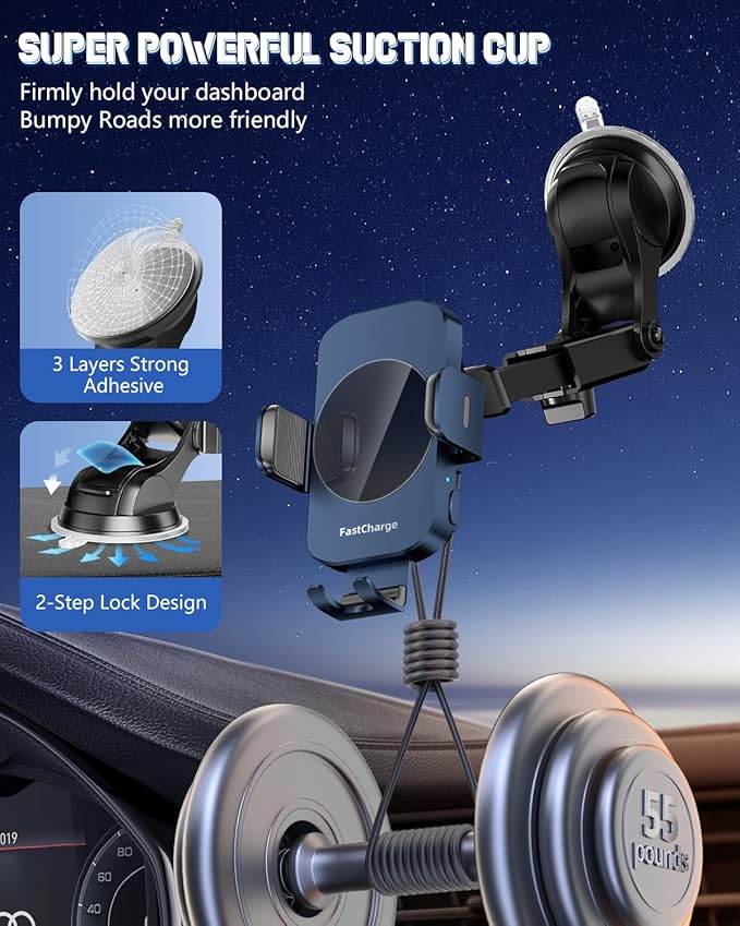 BothLin Wireless Car Charger, Fast Charging Phone Holder 3 in 1 Phone Mount Auto Clamping Car Accessories Compatible with iPhone 17 16 15 14 13 12 11 Xs XR, Samsung S23 Ultra S22 S21 S20(Deep Blue)