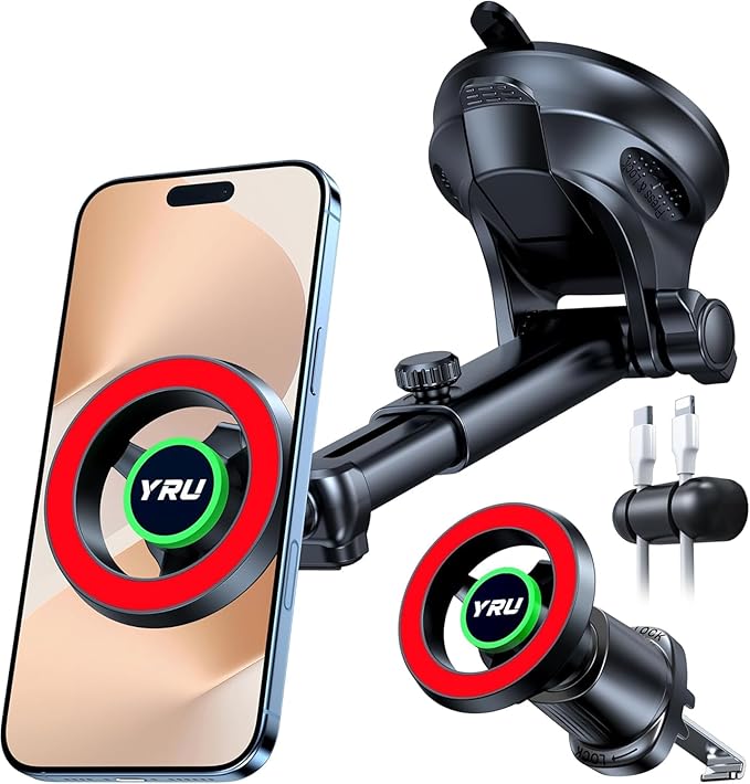 YRU 2026 Military-Grade for Magsafe Car Mount 90+LBS Strong Suction 360° Adjustable Magnetic Phone Holder for Car Dashboard Windshield Vent, Cradle for iPhone 17 16 15 14 13 12 Samsung (Ruby Red)