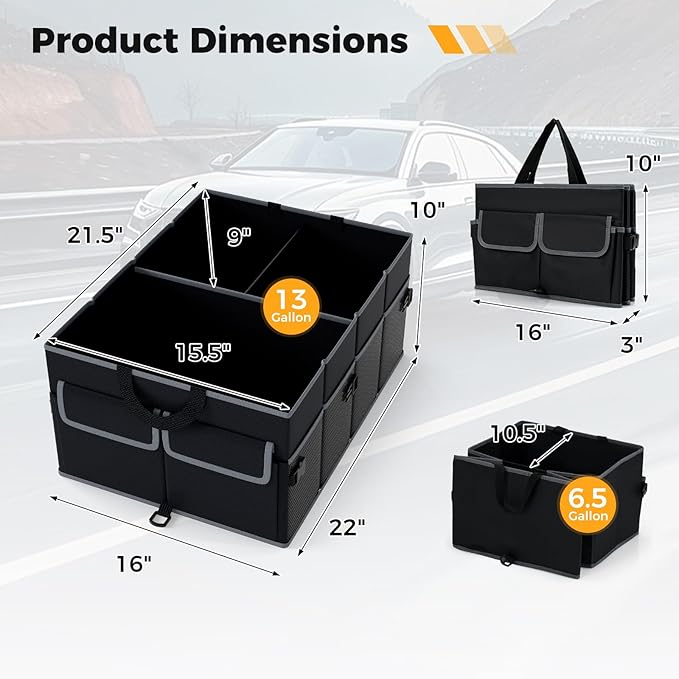 Car Trunk Organizer, 13 Gallon Collapsible Cargo Storage Box with Removable Divider & 6 Pockets, 3-Compatment Trunk Container with Securing Straps & Non-Slip Bottom for SUV, Sedan