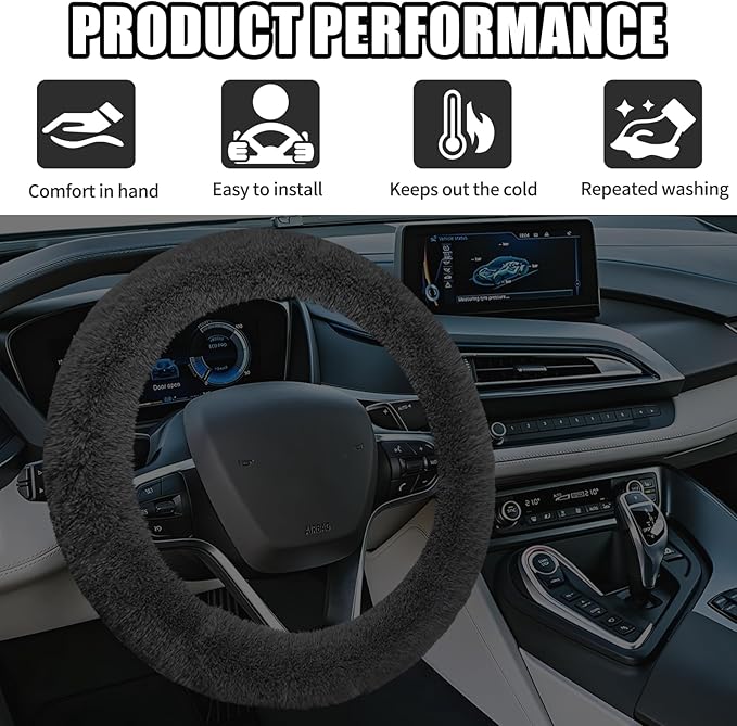 Wuyaoyao Fuzzy Car Steering Wheel Cover, 15'' Soft Auto Steering Wheel Protector for Warm Winter, Elastic Anti-Slip Fluffy Wheel Covers, Car Accessories for Women and Men (Black)