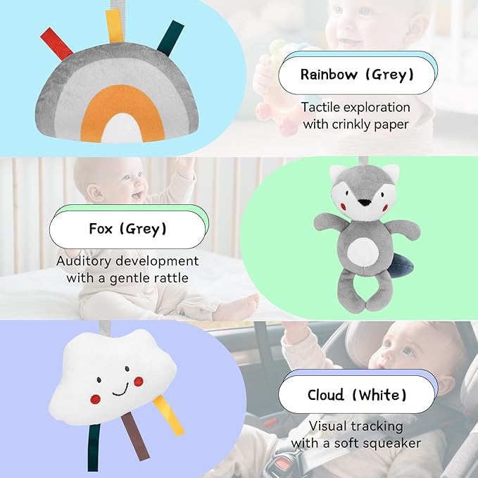 FPVERA Car Seat Toys for Babies 0-6 Months: Travel Baby Toy for Soft Hanging Toys for Carseat, Spiral Stroller Activity Toy Plush for Infant Boys Girls, Grey Fox