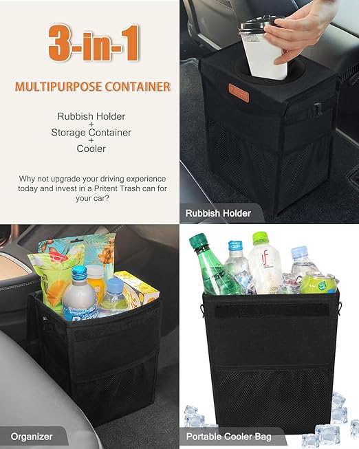 Pritent Car Trash Can with Lid, Cute Leakproof Car Trash Garbage Bag Hanging Vehicle Trash Bin Small Portable Automotive Garbage Cans Organizer for Back/Front Seat/Console(2.8 Gallons,Black)