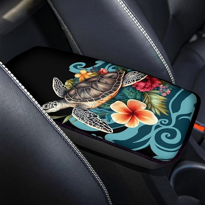Dreaweet Center Console Cover Polynesian Tribal Turtle Car Accessories Armrest Box Storage Mat Soft Comfort Arm Rest Cover for Car Truck SUV