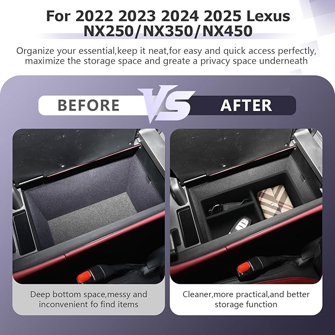 LUWU Lexus NX 2025 2026 Center Console Organizer for 2022 2023 2024 2025 2026 Lexus NX250/NX350/NX450 Accessories Armrest Console Storage Box Glove Organizer Tray Silicone Material 2-Pack (Black)
