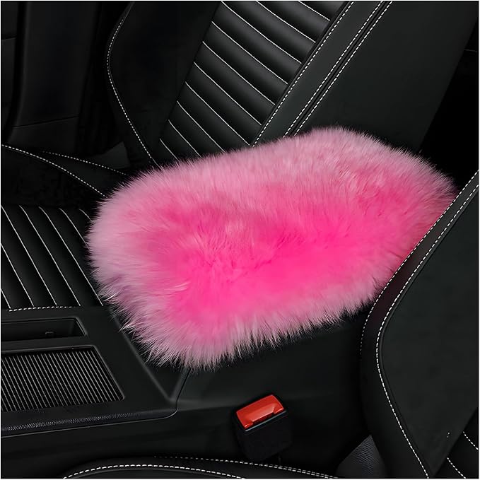 Center Console Cover, 11.81"×7.87" Automotive Fluffy Plush Center Armrest Protector, Universal Furry Comfortable Center Console Pad for Cars Trucks SUVs, Car Accessories (Dark Pink)