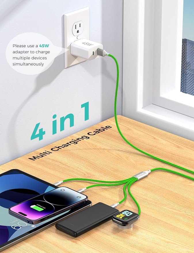 Amasuki Travel Essentials,4 in 1 for Apple Watch Charger/iPhone Charger/Multi Charging Cable,Vacation RV Camping Essentials,USB C/L/Micro Portable Charger for iWatch 11-1/iPhone 17-12,Car&Gift-Green