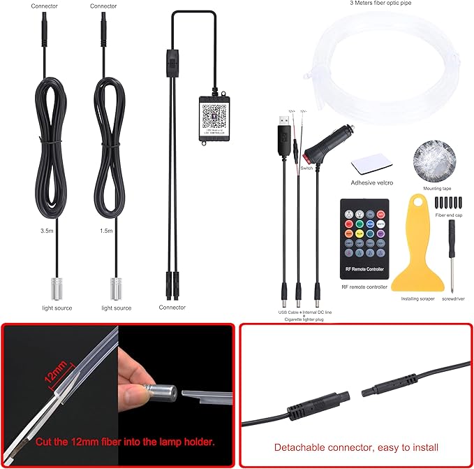 3 Meters Optic Fiber Car Ambient Lighting with Bluetooth App Control + RF Remote Control 64 Colors Multicoloured Music Interior Lighting Kit DC 12V 1W