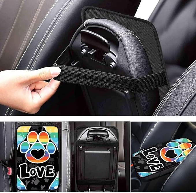 UNICEU Universal Fit Dog Paw Car Armrest Cover Colorful Stripes Love Dog Paws Auto Center Console Armrest Pad Anti Slip Armrest Seat Box Cover Protector Comfortable Car Interior Decor Accessories