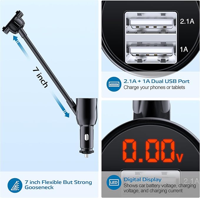 SOAIY 3-in-1 Cigarette Lighter Car Mount + Voltage Detector (Not for Center Console & Window), Dual USB 3.1A Charger with Adjust Gooseneck & 360° Rotating Car Mount Cradle for 1.7-3.7inch Width Phones