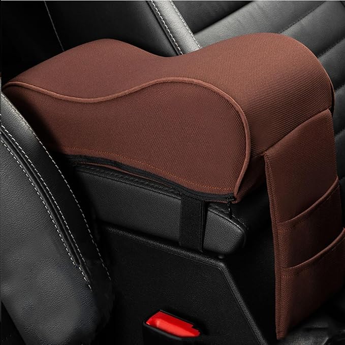 Auto Center Console Armrest Pillow, Memory Foam Car Armrest Cushion with Phone Holder Storage Bag Universal Fit for Most Car (Brown)