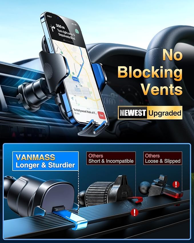 VANMASS Car Dashboard Phone Holder Universal Powerful Suction Cup Mount, Dash Windshield Air Vent Truck Stand Compatible with All Phones Black