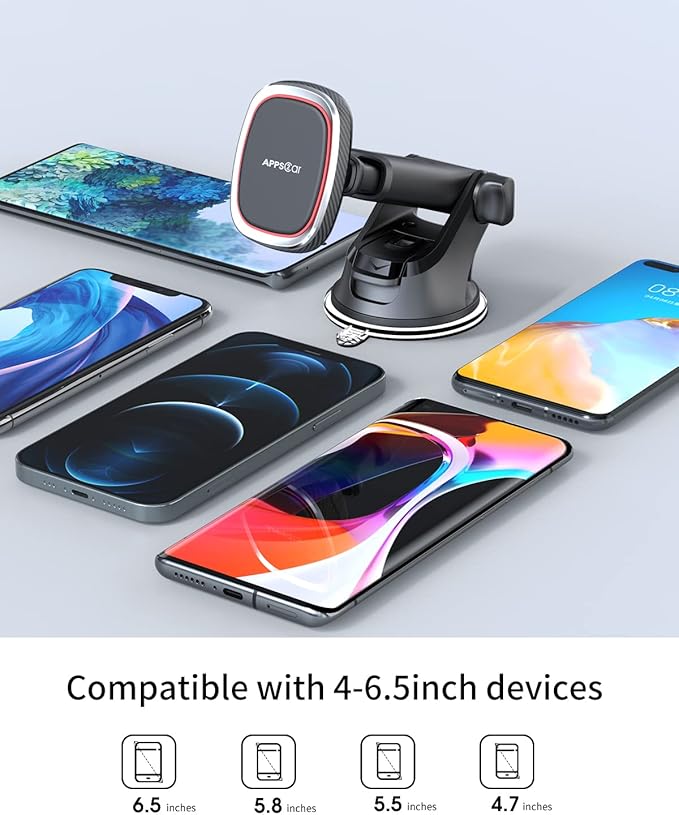 APPS2Car Magnetic Phone Mount, Dashboard & Windshield Suction Cup Car Phone Holder Mount with 6 Strong Magnets, Adjustable Telescopic Arm, Compatible with iPhone & Android Smartphones