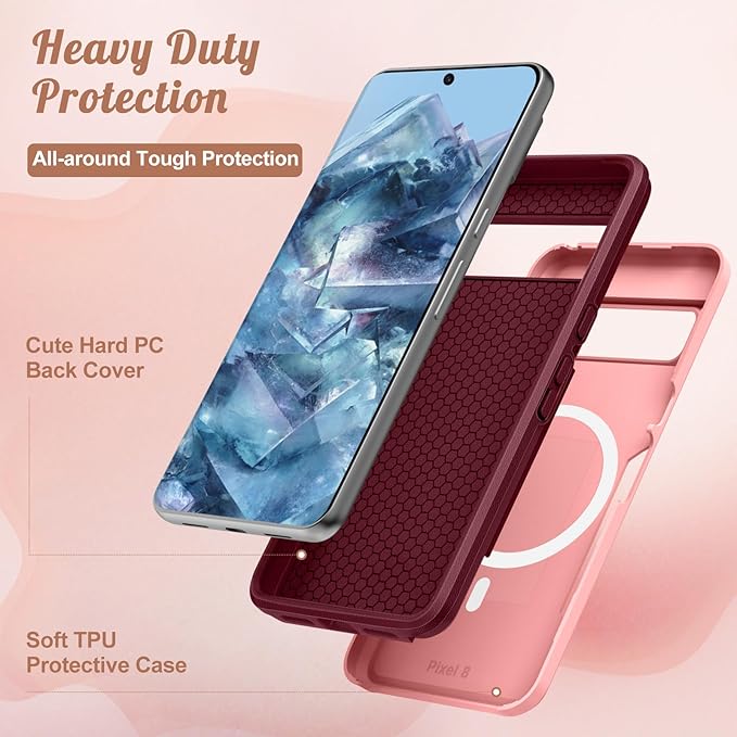 for Google Pixel 8 Case 6.2 Inch - Compatible with MagSafe Women Girls Cute Magnetic Protective Cover Girly Kawaii Strawberry Heavy Duty Shockproof Design for Google Pixel 8 Phone Cases