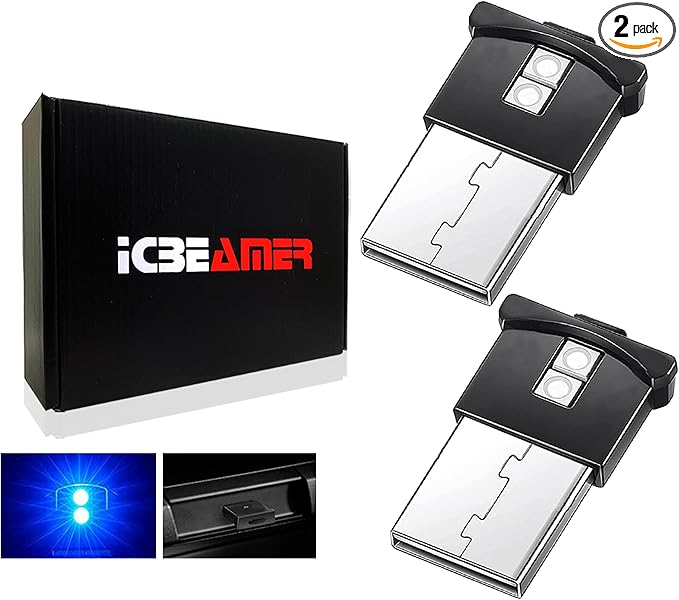 ICBEAMER Mini Smart USB Type-A 2-Pack (Blue) | LED Night Light for Car Interior, Trunk, Center Console, Easy Plug-in, Enhance Automotive Ambiance, Perfect for Night Use